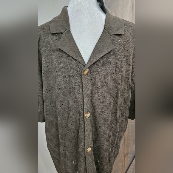 WINWARD Open Knit Camp Collar Button Down Short Sleeve Shirt. Olive. XL NWT - Picture 9 of 16